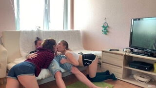 Two Sisters took X-box from Stepbrother by Cunning , Threesome Blowjob