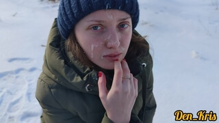 Winter Sex on a Car with a Blue-eyed Beauty in a Jacket, Loves to do Blowjob, Cum on Face and Clothe